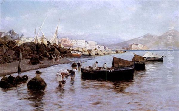 Fisherwomen By Boats In The Bay Of Naples Oil Painting by Attilio Pratella