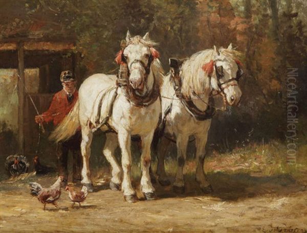 Chevaux A L'ecurie Oil Painting by Edmond Joseph De Pratere