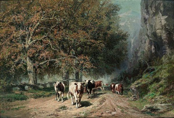 Hochgebirgslandschaft Mit Aufragendem Massiv. Auf Altem Weg Unter Ausladenden Baumen Heimkehrende Kuhe Oil Painting by Edmond Joseph De Pratere