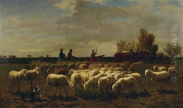 Landschaft Mit Schafherde Und Pflugenden Bauern Oil Painting by Edmond Joseph De Pratere