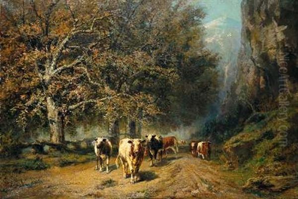 Waldlandschaft Mit Kuhherde Oil Painting by Edmond Joseph De Pratere