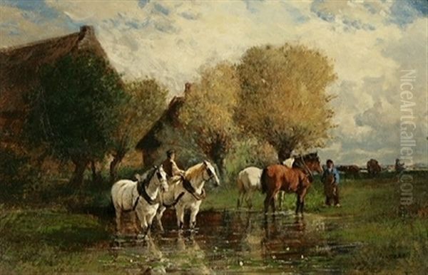 Chevaux A L'abreuvoir Oil Painting by Edmond Joseph De Pratere