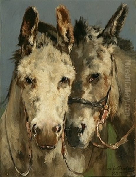 Deux Tetes D'anes Oil Painting by Edmond Joseph De Pratere