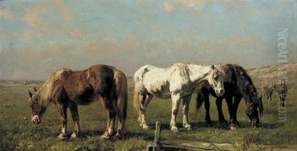 Ponies In A Landscape Oil Painting by Edmond Joseph De Pratere