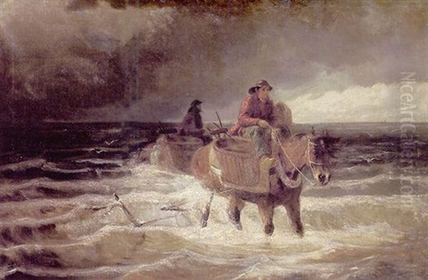 Pecheur De Crevettes A Cheval En Mer Du Nord Oil Painting by Edmond Joseph De Pratere