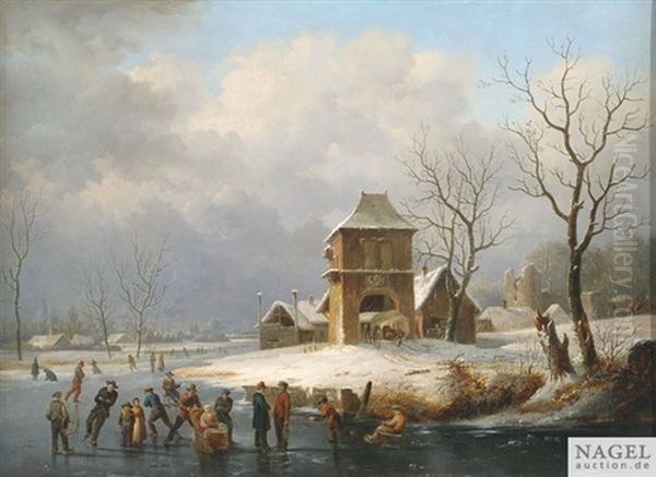 Weite Winterlandschaft Mit Schlittschuhlaufern Auf Einem Zugefrorenen Kanal An Einem Gutshof Oil Painting by Henri De Pratere