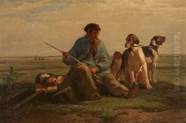 Hunter And His Dogs Taking A Rest Oil Painting by Henri De Pratere