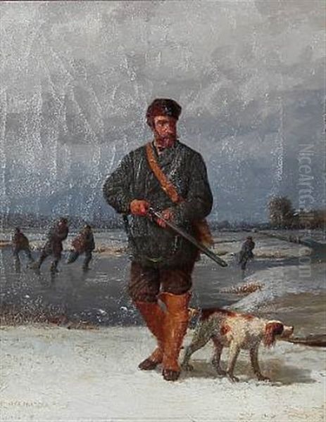 Skaters And A Hunter With His Dog Oil Painting by Henri De Pratere