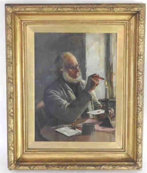 Elderly Gentleman Seated At A Desk Sealing A Letter Oil Painting by Claude Pratt