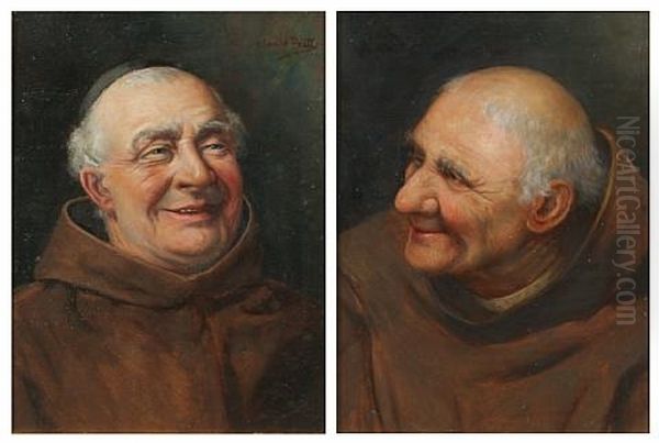 Portraits Of Smiling Monk (+ Another; Pair) Oil Painting by Claude Pratt