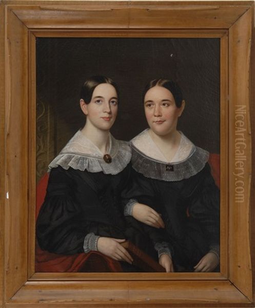 Half-length Portrait Of Two Sisters Wearing Black Dresses With White Collars Oil Painting by Henry Cheever Pratt