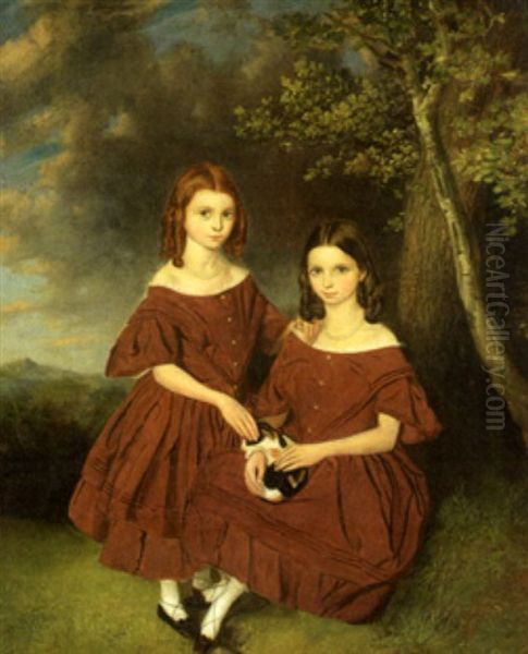 Portrait Of Two Sisters And Their Cat In A Landscape Oil Painting by Henry Lark I Pratt