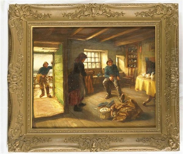 Aufbruch Zum Fang - Stubeninterieur Mit Fischer Mit Seiner Frau Oil Painting by Jonathan Pratt