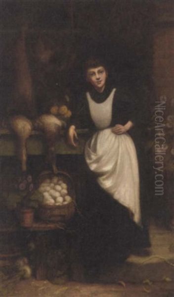 A Young Kitchen Maid In A Doorway With Dead Game, Eggs And Vegetables Oil Painting by Jonathan Pratt