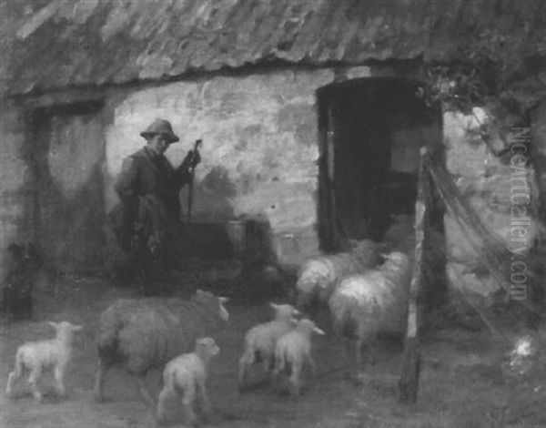 Shepherd And Sheep In A Farmyard Oil Painting by William M. Pratt