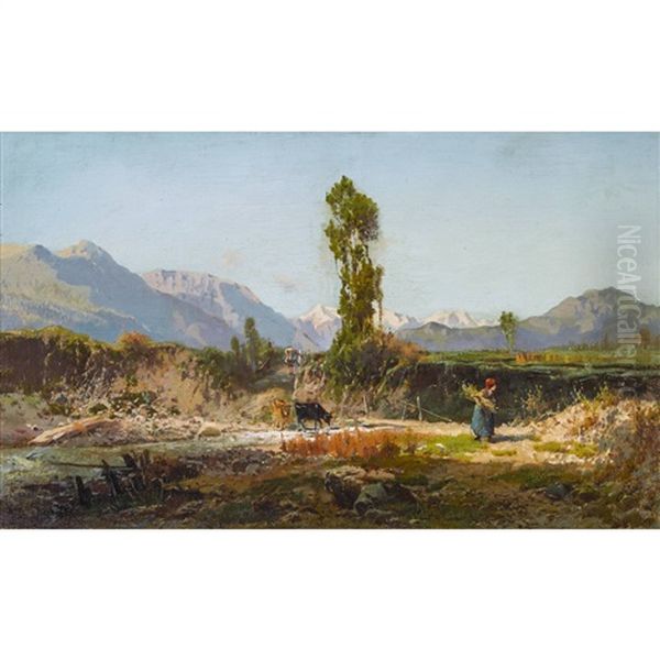 Piana Del Vedeggio Con Contadina Oil Painting by Ambrogio Preda