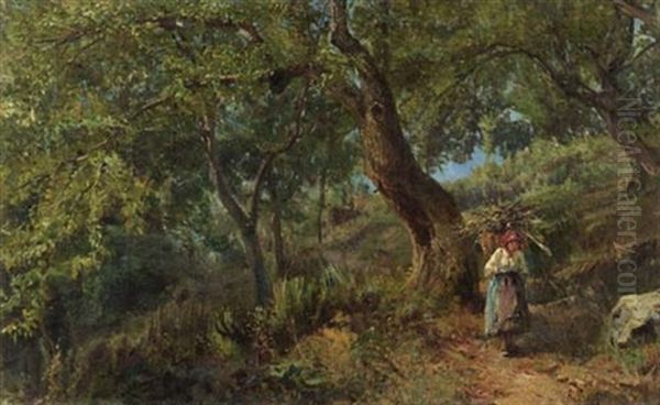 Waldlandschaft Mit Tessinerin Oil Painting by Ambrogio Preda