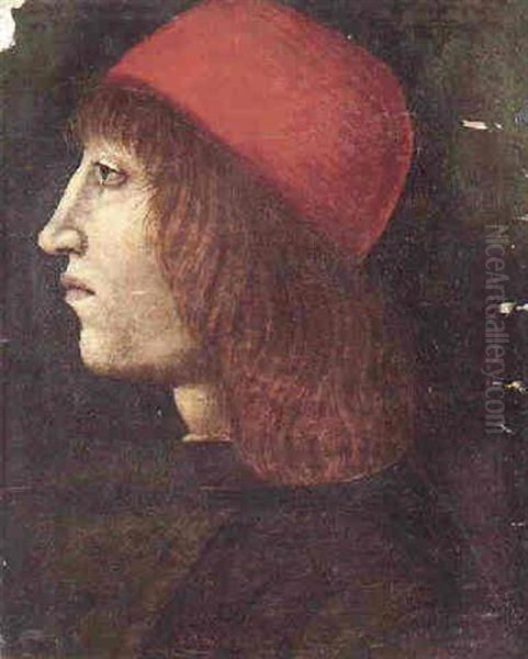 Portrait Of A Young Man In Profile Wearing A Red Hat Oil Painting by Ambrogio de Predis