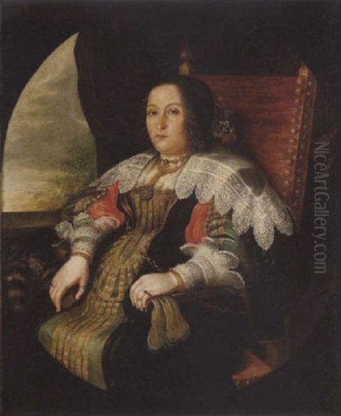 Portrait Of A Lady In A Black Dress With Gold Embroidery, Slashed Sleeves And Lace Collar And Cuffs Oil Painting by Daniel Preisler