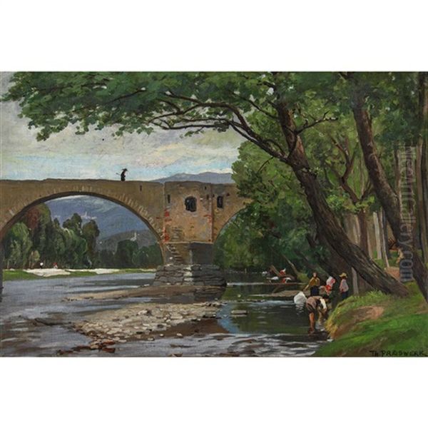 Wascherinnen Vor Einer Alten Brucke Oil Painting by Theophil Preiswerk