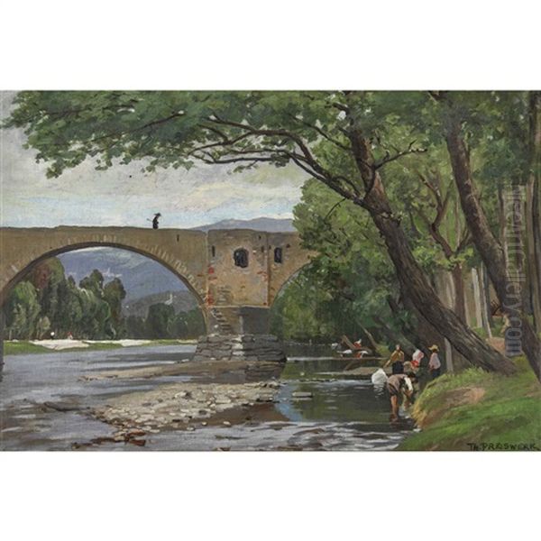 Wascherinnen Vor Einer Alten Brucke Oil Painting by Theophil Preiswerk