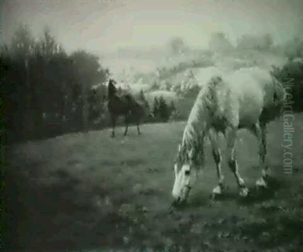 Horses In A Pasture;                                        Early Morning, Autumn Oil Painting by Walter Prell