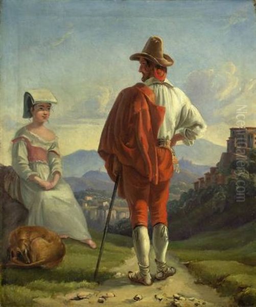 Begegnung (ein Italiener Und Eine Italienerin In Festtagskleidung) Oil Painting by Friedrich Johann C.E. Preller the Elder