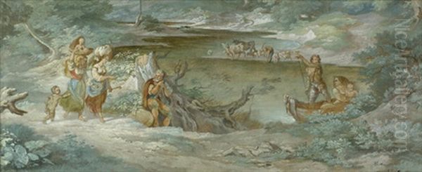 Weite Fluslandschaft Mit Einer Fahrmannsstelle, Verschiedenen Italienischen Personen Und Einer Viehherde Im Hintergrund (sketch) Oil Painting by Friedrich Johann C.E. Preller the Elder