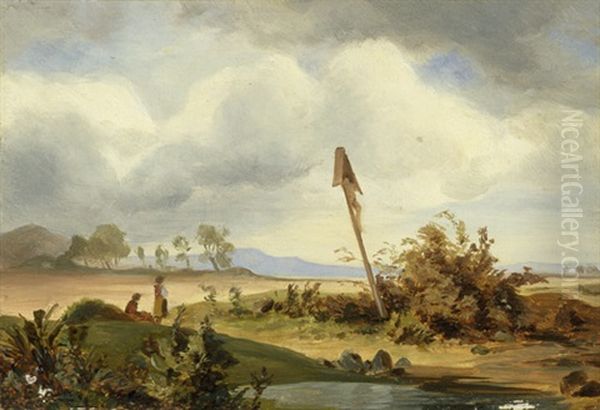 Landschaft Mit Kruzifix Bei Franzensbad (study) Oil Painting by Friedrich Johann C.E. Preller the Elder