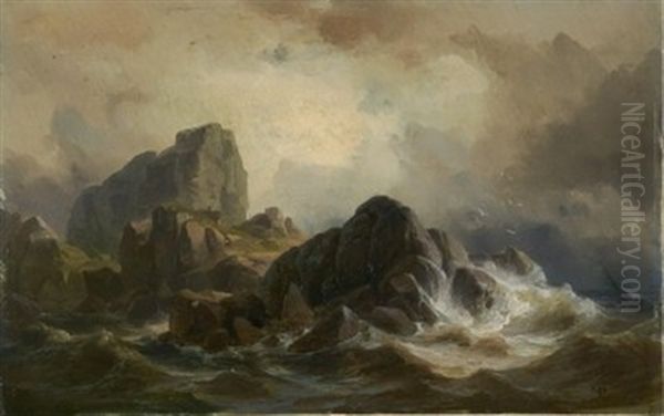 Felsen In Brandung (skudesnaes, Norwegen) Oil Painting by Friedrich Johann C.E. Preller the Elder