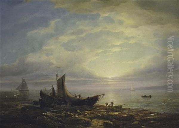 Meerlandschaft Im Abendstimmung. Am Ufer Schiffer Beim Entlanden Eines Seglers Oil Painting by Friedrich Johann C.E. Preller the Elder