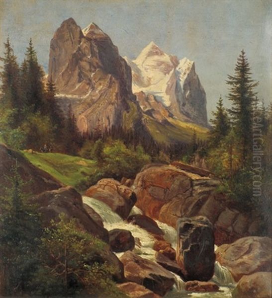 Well- Und Wetterhorn In Den Schweizer Alpen Oil Painting by Friedrich Johann C.E. Preller the Elder