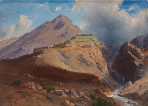 Rocky Landscape With Ruins And Mountain Stream Oil Painting by Friedrich Preller the Younger