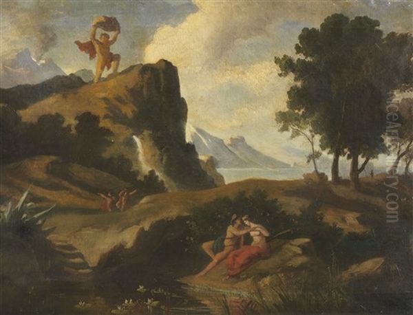 Der Eifersuchtige Zyklop Polyphem Erschlagt Akis, Den Liebhaber Der Nereide Galateia Mit Einem Felsbrocken Oil Painting by Friedrich Preller the Younger