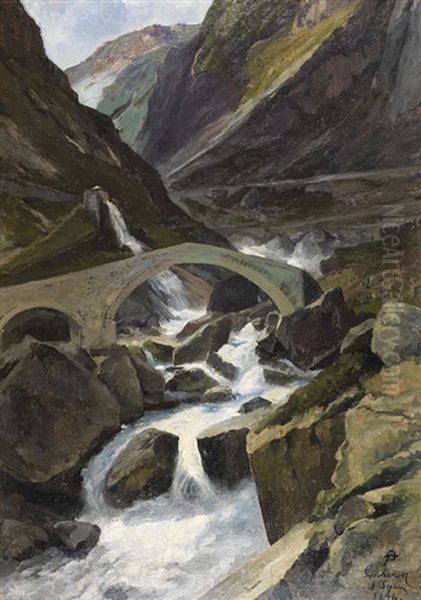 Alte Brucke Auf Dem Gotthard Bei Goschenen (teufelsbrucke) Oil Painting by Friedrich Preller the Younger