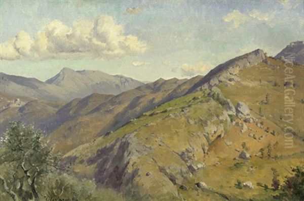 Berglandschaft Zwischen Civitella Und Roiate Mit Blick Auf Den Monte Serrone (study) Oil Painting by Friedrich Preller the Younger