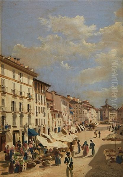 An Italian Country Market Oil Painting by Luigi Premazzi