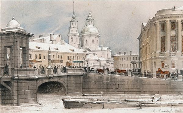 River Fontanka And Lomonosov Bridge Oil Painting by Luigi Premazzi