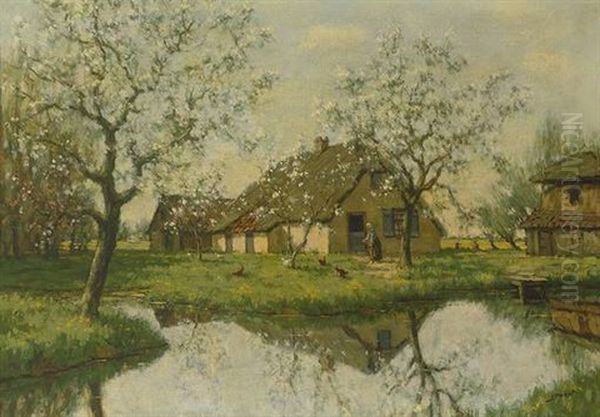 Fruhlingslandschaft Mit Teich Und Reetgedeckten Katen by Jan Rudolph Prend