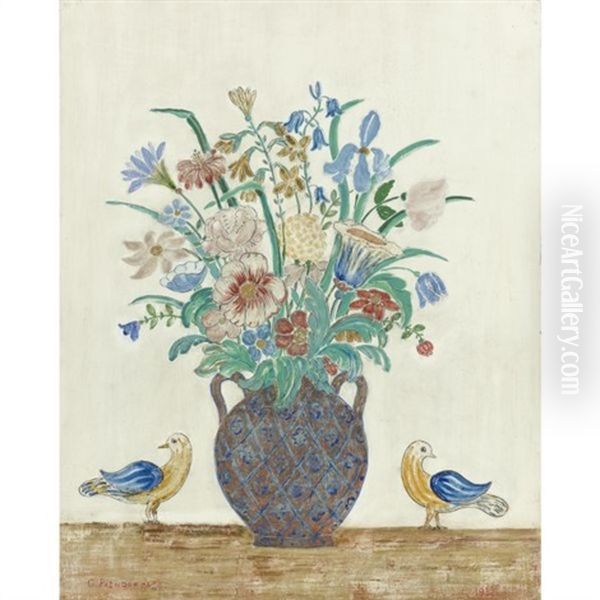 Flowers In A Blue Painted Vase With Bird by Charles E. Prendergast