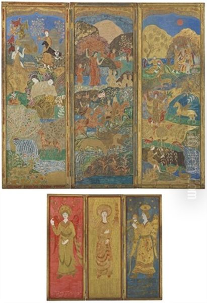 Three-panel Screen Oil Painting by Charles E. Prendergast