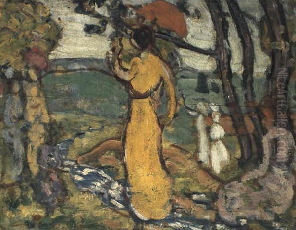 A Lady In Yellow In The Park Oil Painting by Maurice Prendergast