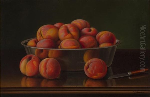 Still Life With Peaches In A Silver Bowl Oil Painting by Levi Wells Prentice