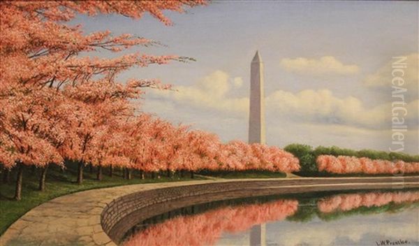 The Tidal Basin With The Monument And Cherry Blossoms Oil Painting by Levi Wells Prentice