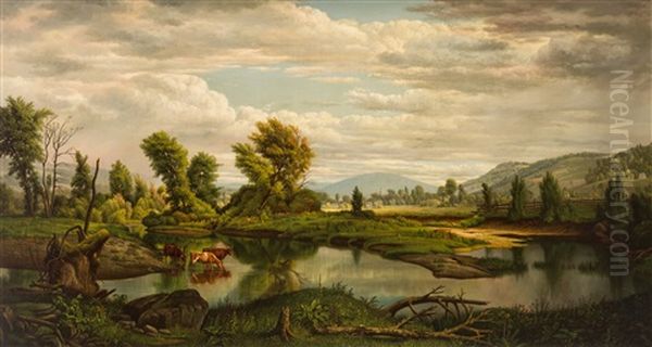 Cows Watering At A Stream Oil Painting by Levi Wells Prentice