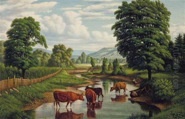 Cows Watering Oil Painting by Levi Wells Prentice