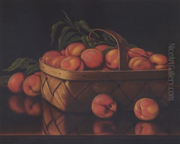 A Basket Of Peaches On A Tabletop Oil Painting by Levi Wells Prentice