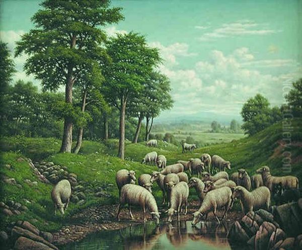 Sheep Watering Oil Painting by Levi Wells Prentice