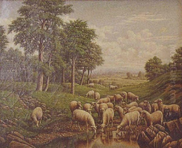 Landscape Of Sheep Beside A Stream Oil Painting by Levi Wells Prentice