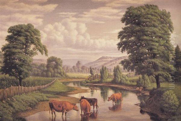 Cows Watering Oil Painting by Levi Wells Prentice